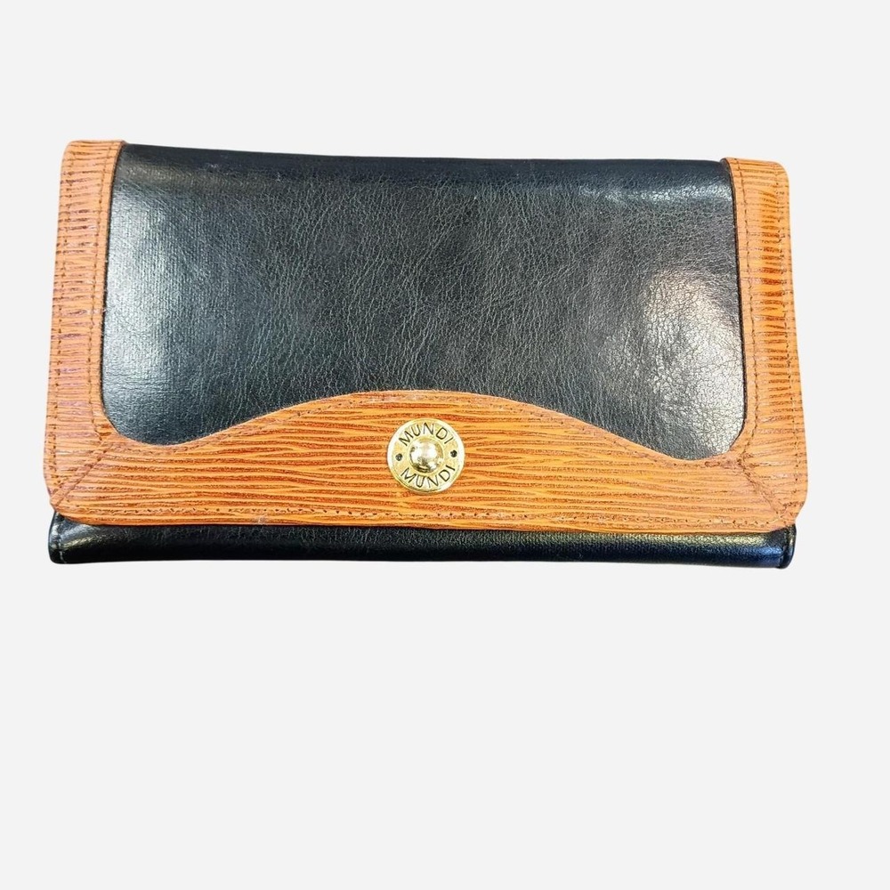 Mundi Black And Brown Leather Wallet With Textured Trim And Gold Hardware